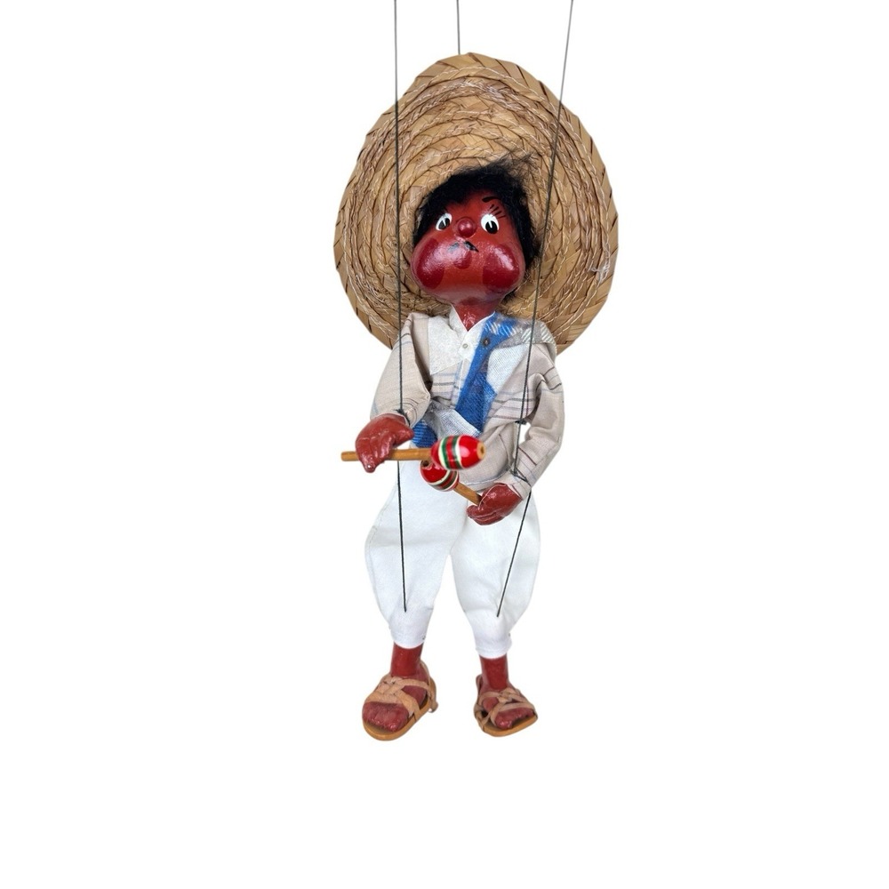 Vintage Mexican Marionette Puppet Folk Art Boy W/ Maracas Straw Hat Handmade 10"